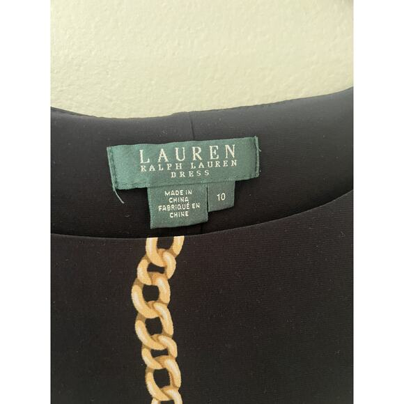 L AUREN RALPH LAUREN Black Gold Chain Link Jersey Dress Boat Neck bodycon sz 10 - Picture 2 of 11